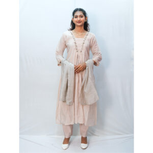 Beige Silk V-Neck Umbrella Cut Beads Embroidery Three-Piece Set