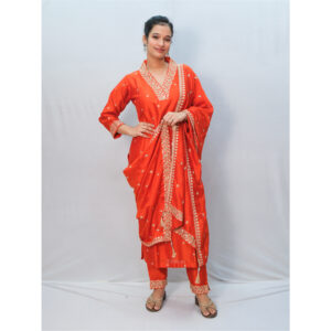 Rust Orange Silk High Neck Golden Sequin Embroidery Three-Piece Set