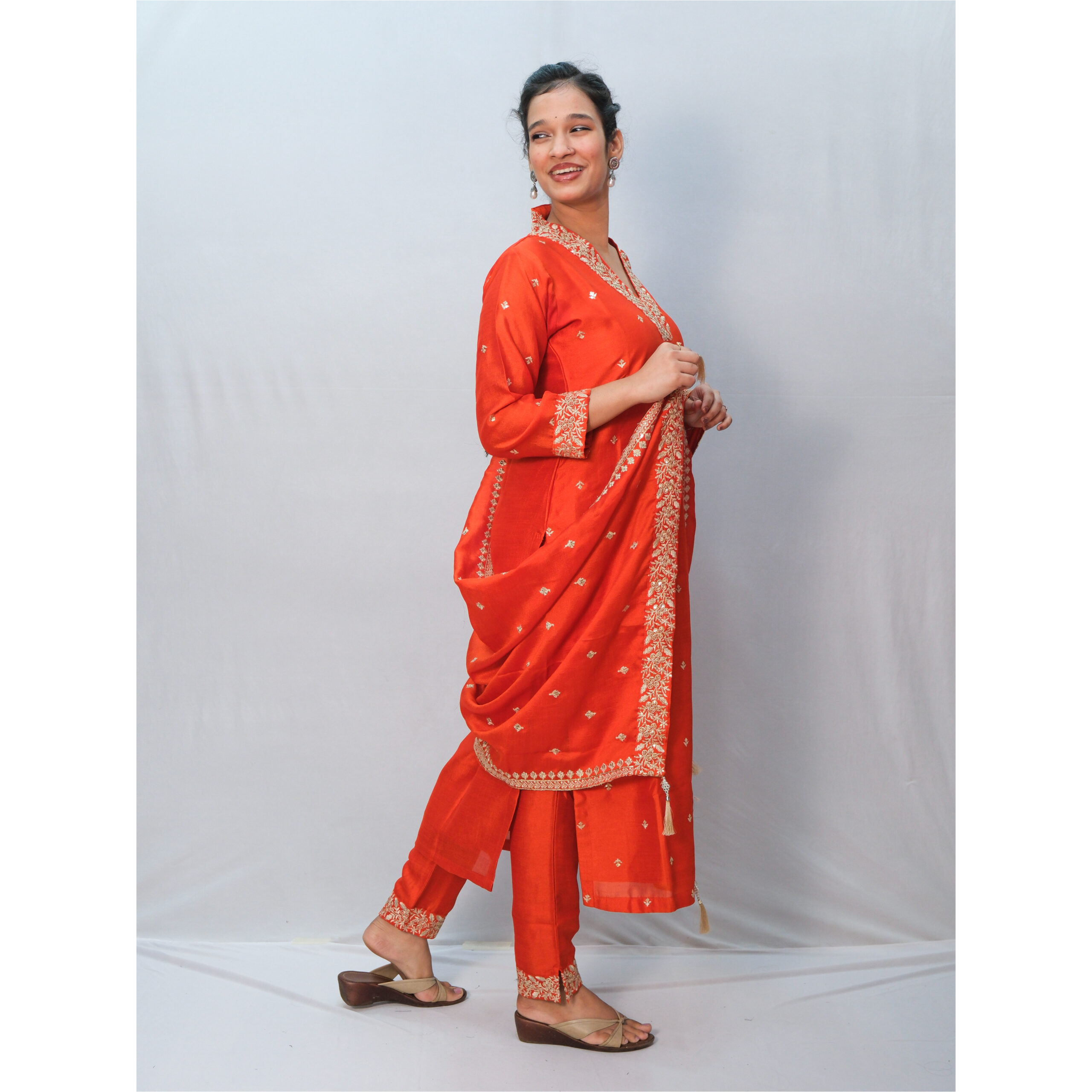 Rust Orange Silk High Neck Golden Sequin Embroidery Three-Piece Set - Image 3