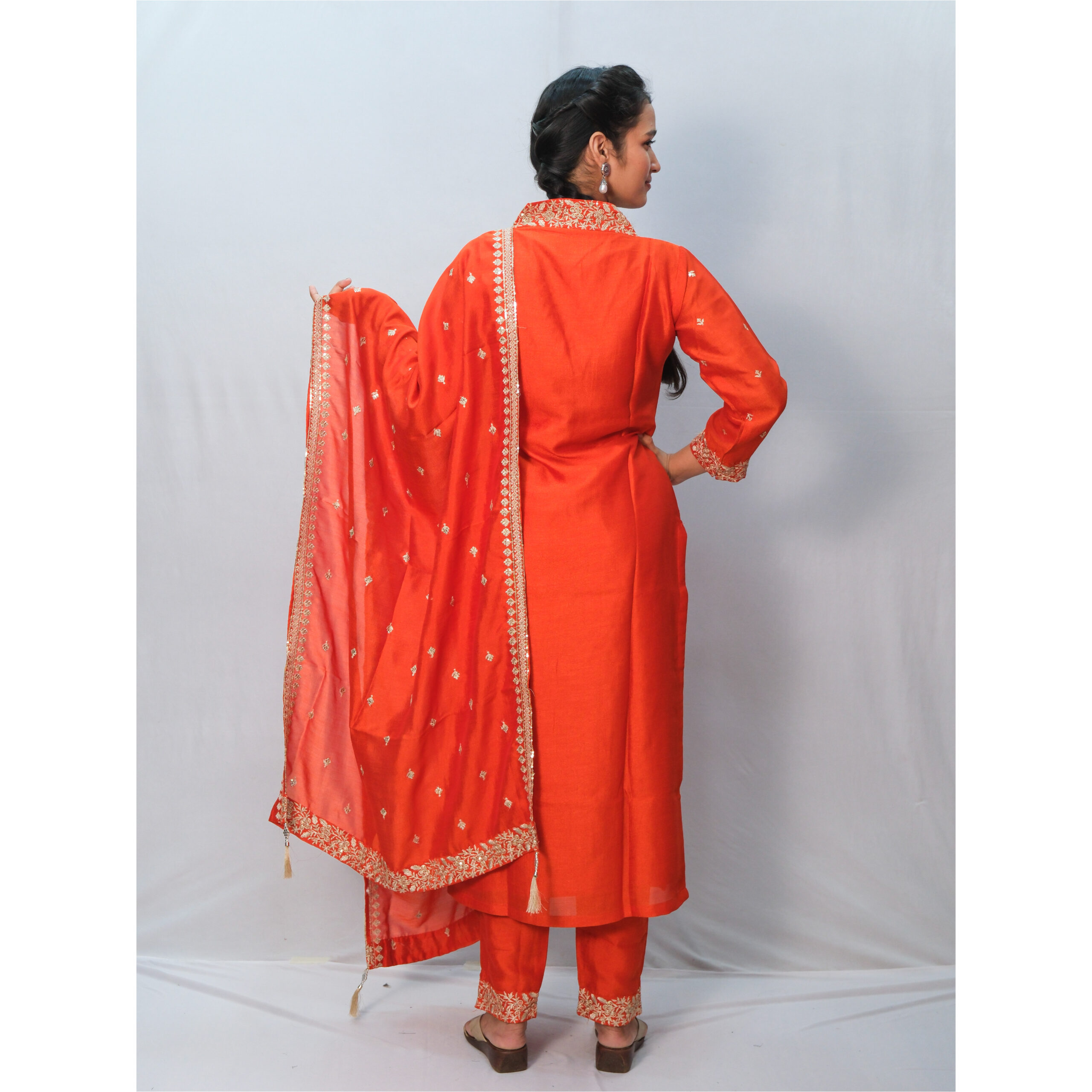 Rust Orange Silk High Neck Golden Sequin Embroidery Three-Piece Set - Image 4