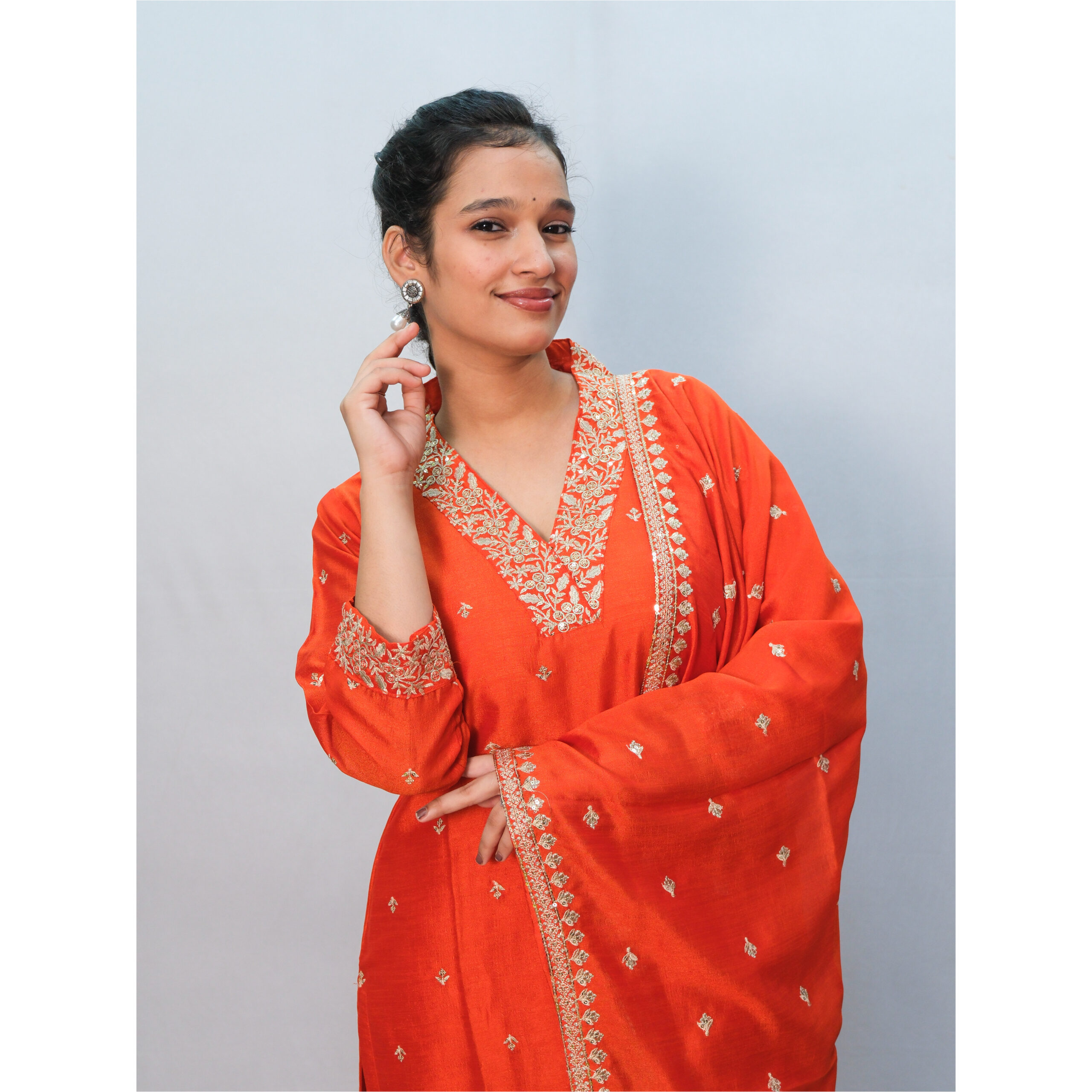 Rust Orange Silk High Neck Golden Sequin Embroidery Three-Piece Set - Image 2