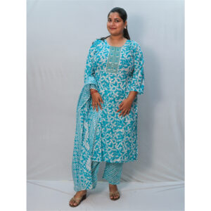 Mint Green Jaipuri Print Cotton Three-Piece Set