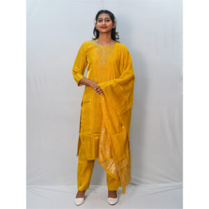 Canary Yellow Bead Work Silk Three-Piece Kurti Set