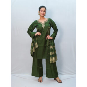 Hunter Green & White Bead Work Three-Piece Kurti Set