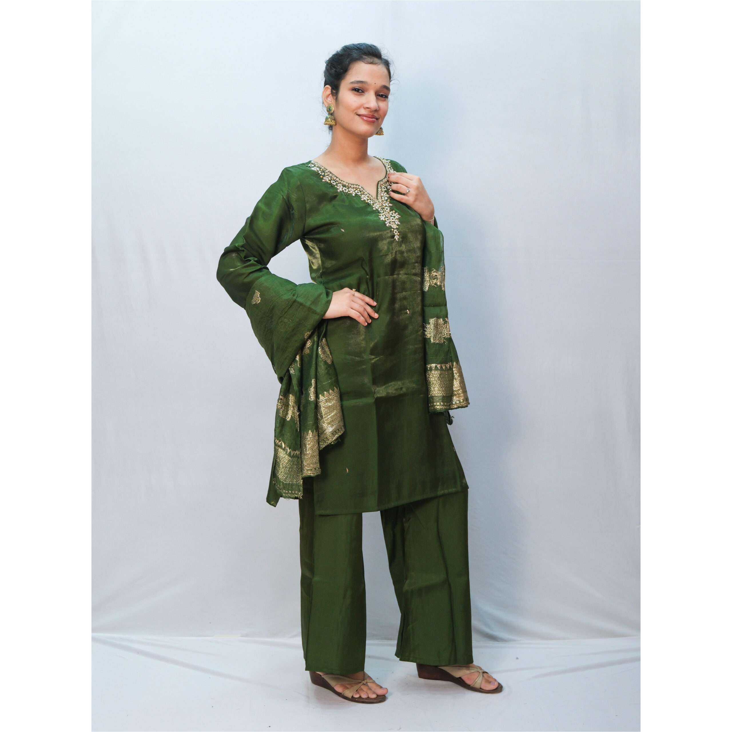 Hunter Green & White Bead Work Three-Piece Kurti Set - Image 3