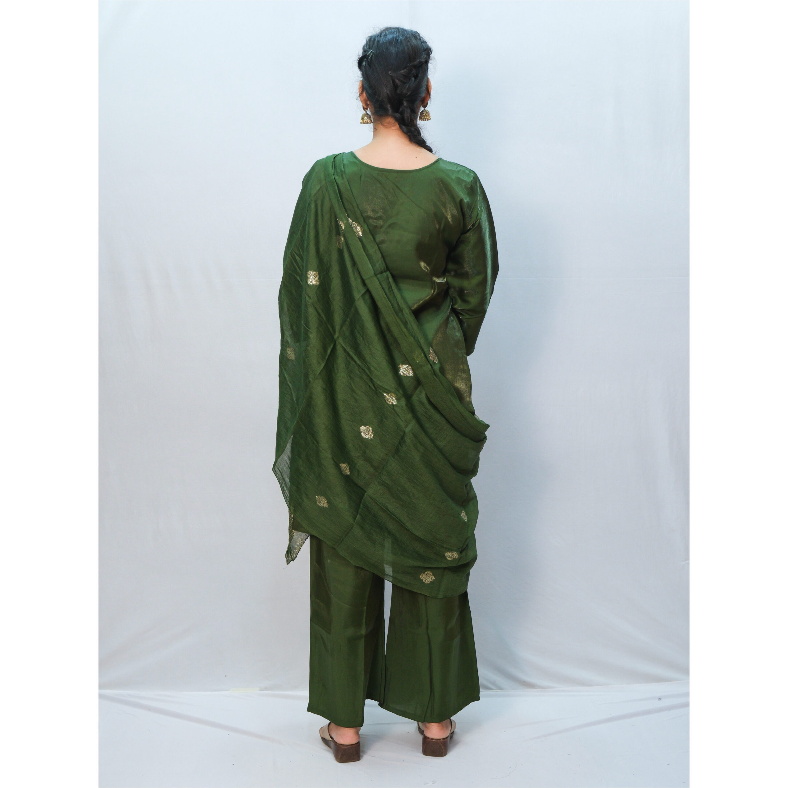 Hunter Green & White Bead Work Three-Piece Kurti Set - Image 4