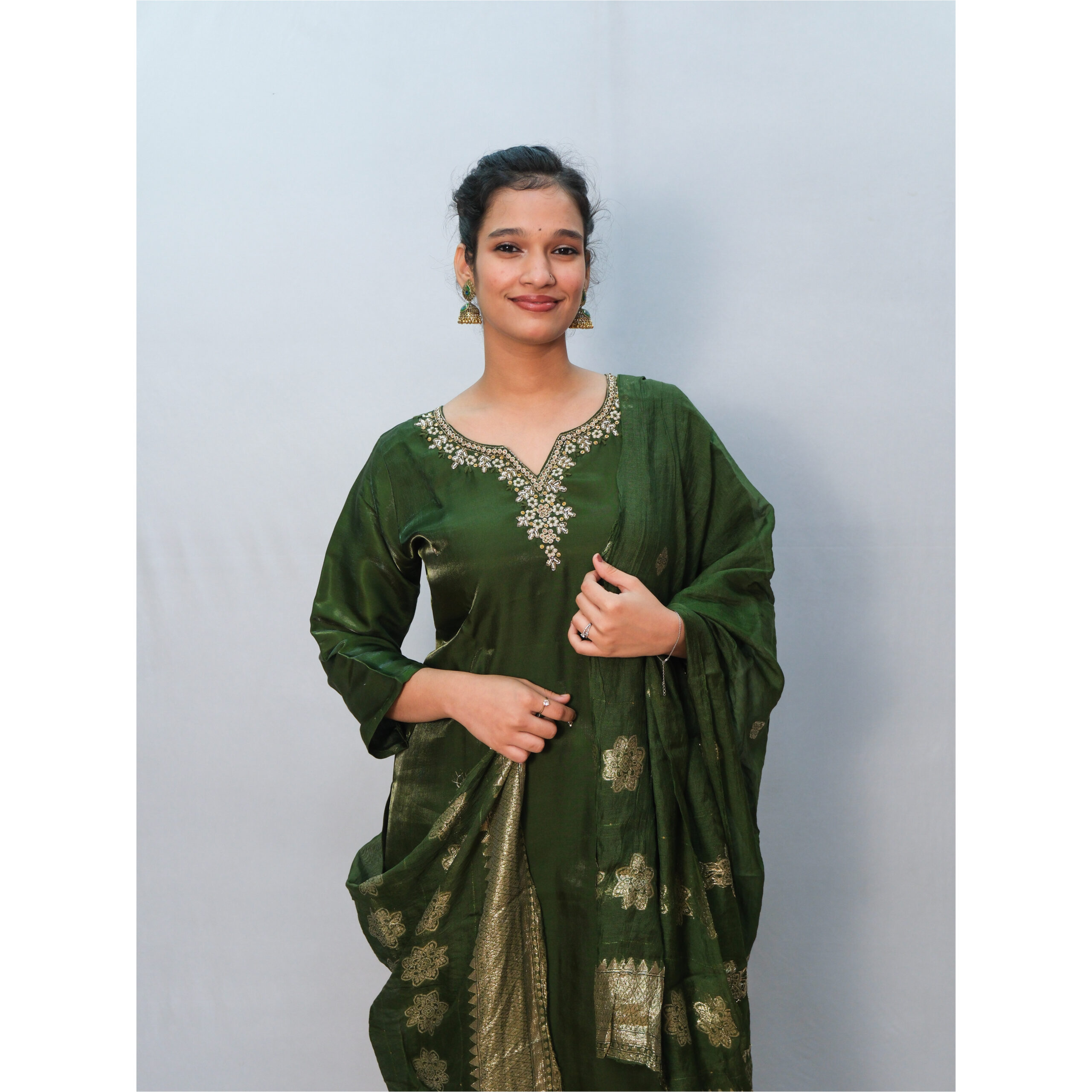 Hunter Green & White Bead Work Three-Piece Kurti Set - Image 2