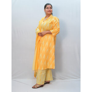 Mustard Yellow & Beige Collar Neck Three-Piece Kurti Set