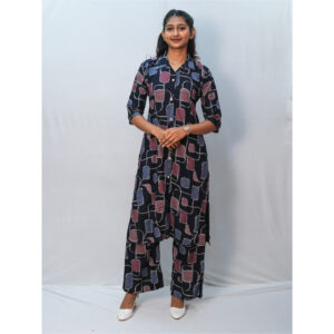 Dark Blue Collar Neck Cotton Printed Co-Ord Set