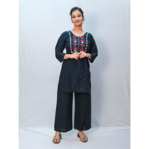 Dark Blue Collar Neck Cotton Printed Co-Ord Set