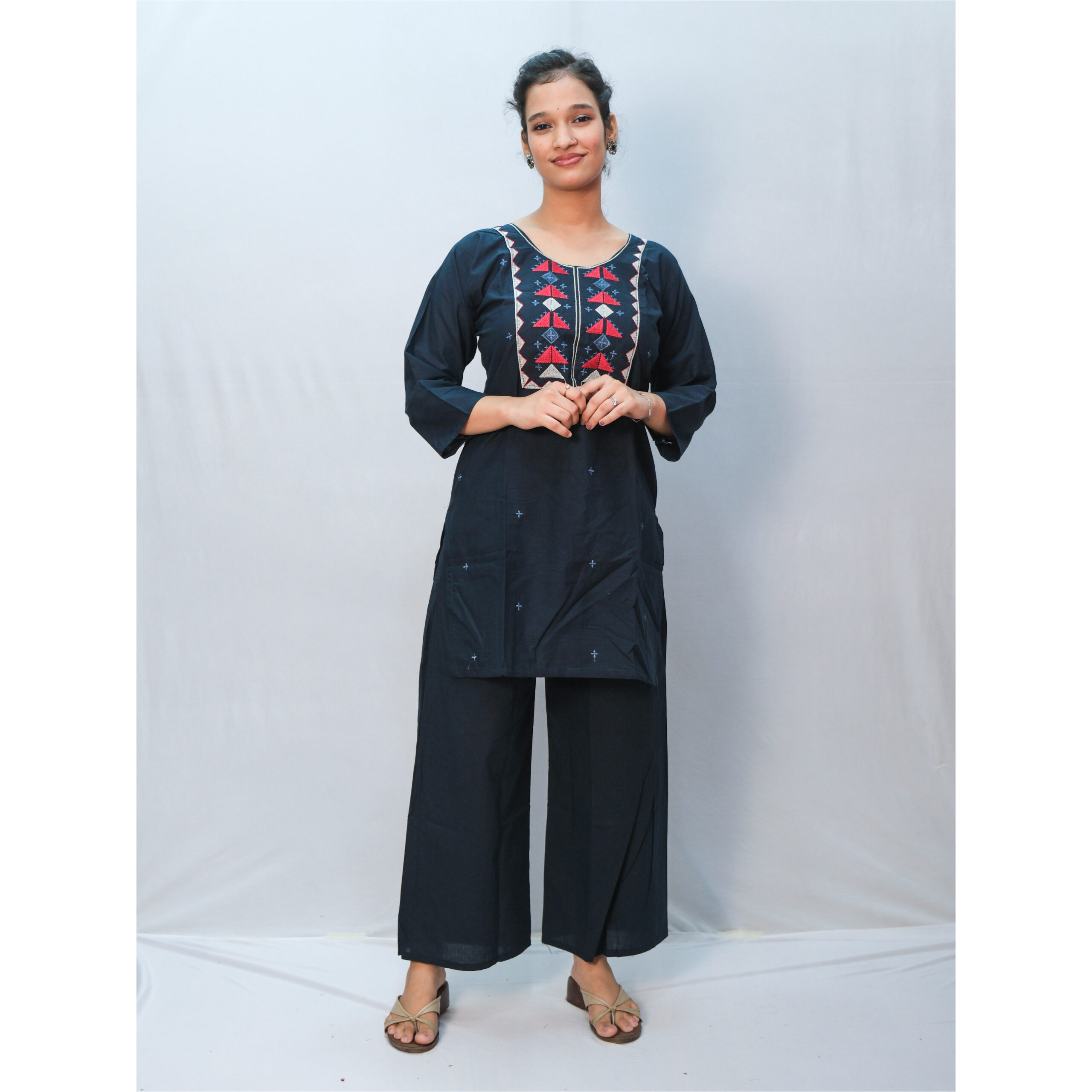 Dark Blue Collar Neck Cotton Printed Co-Ord Set