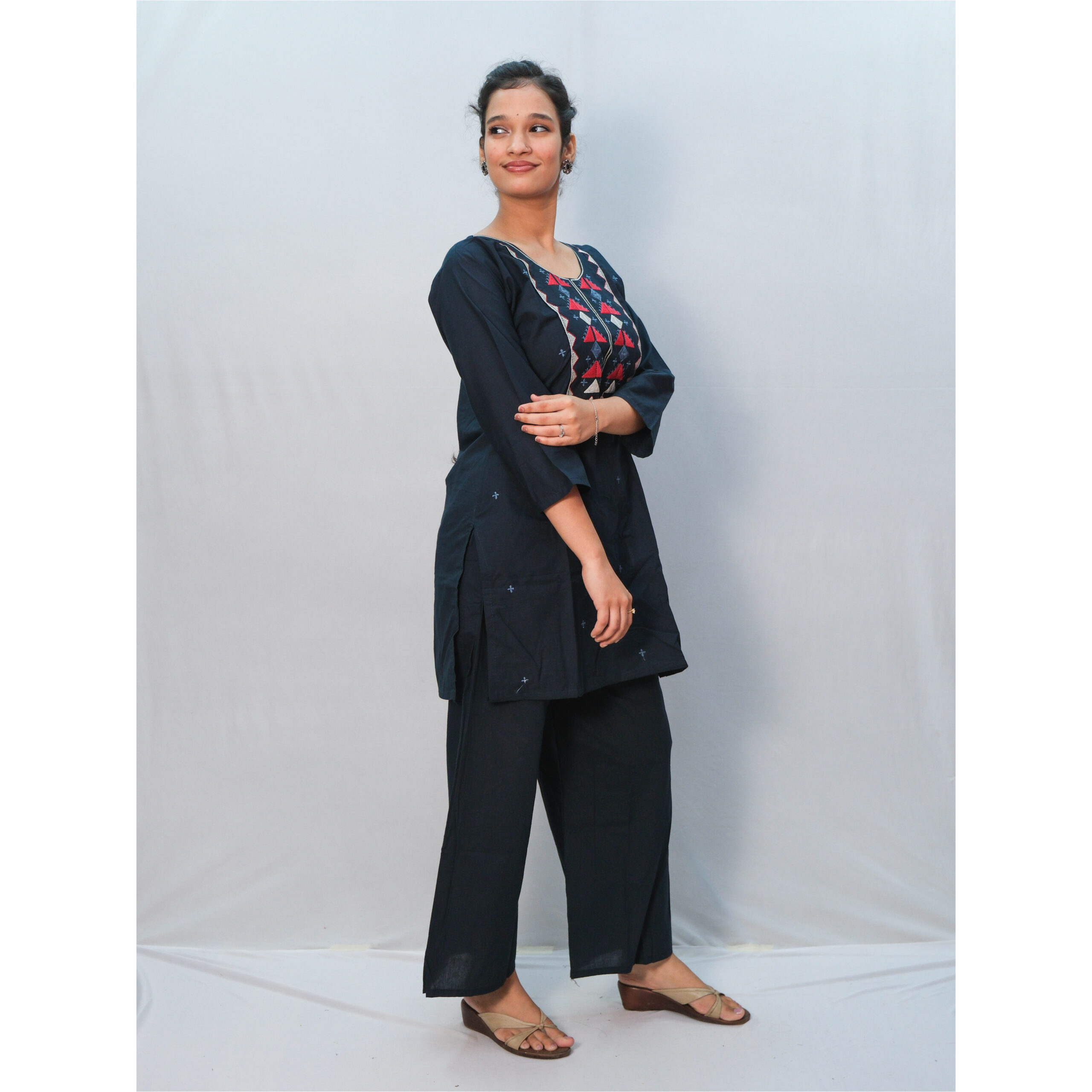 Dark Blue Collar Neck Cotton Printed Co-Ord Set - Image 3