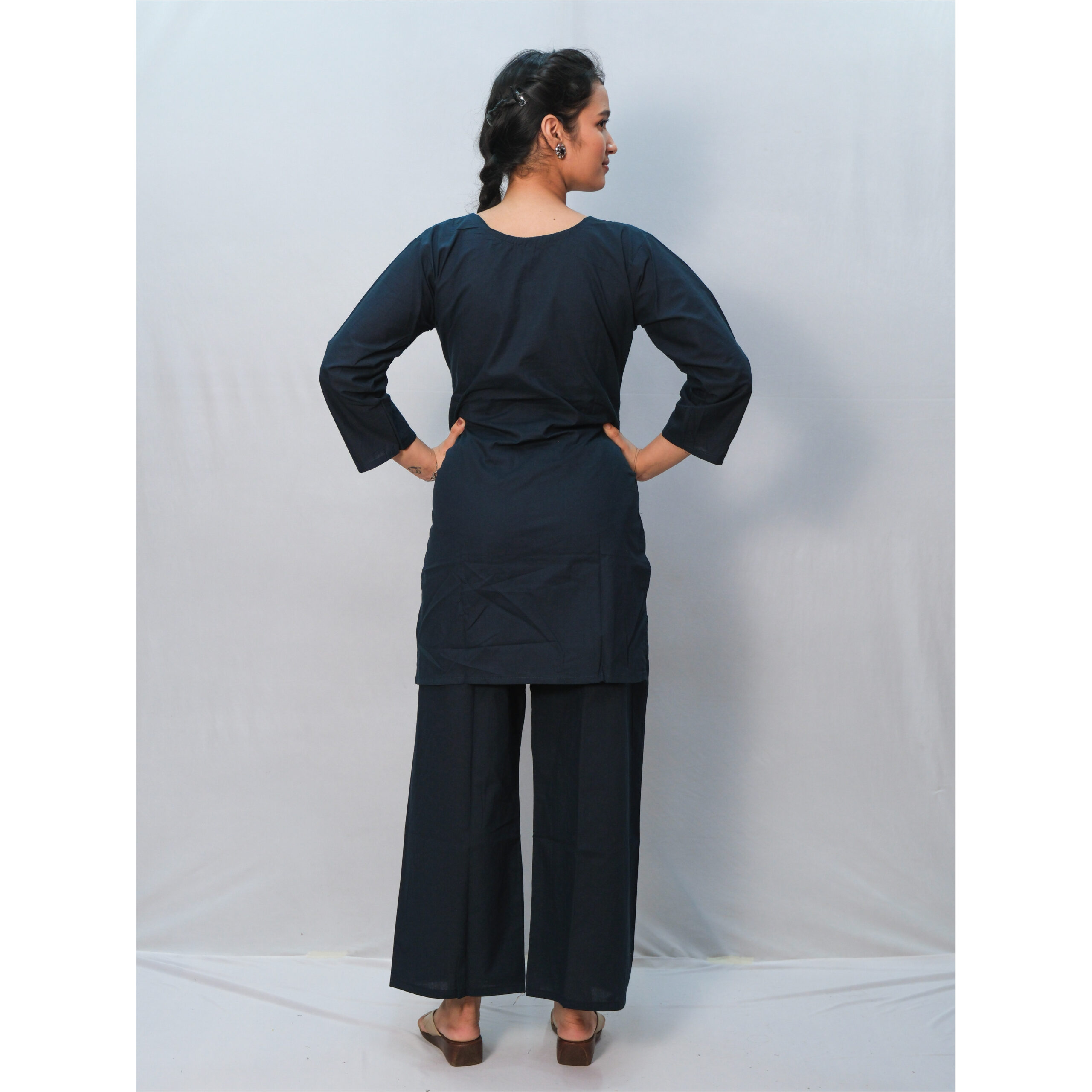 Dark Blue Collar Neck Cotton Printed Co-Ord Set - Image 4