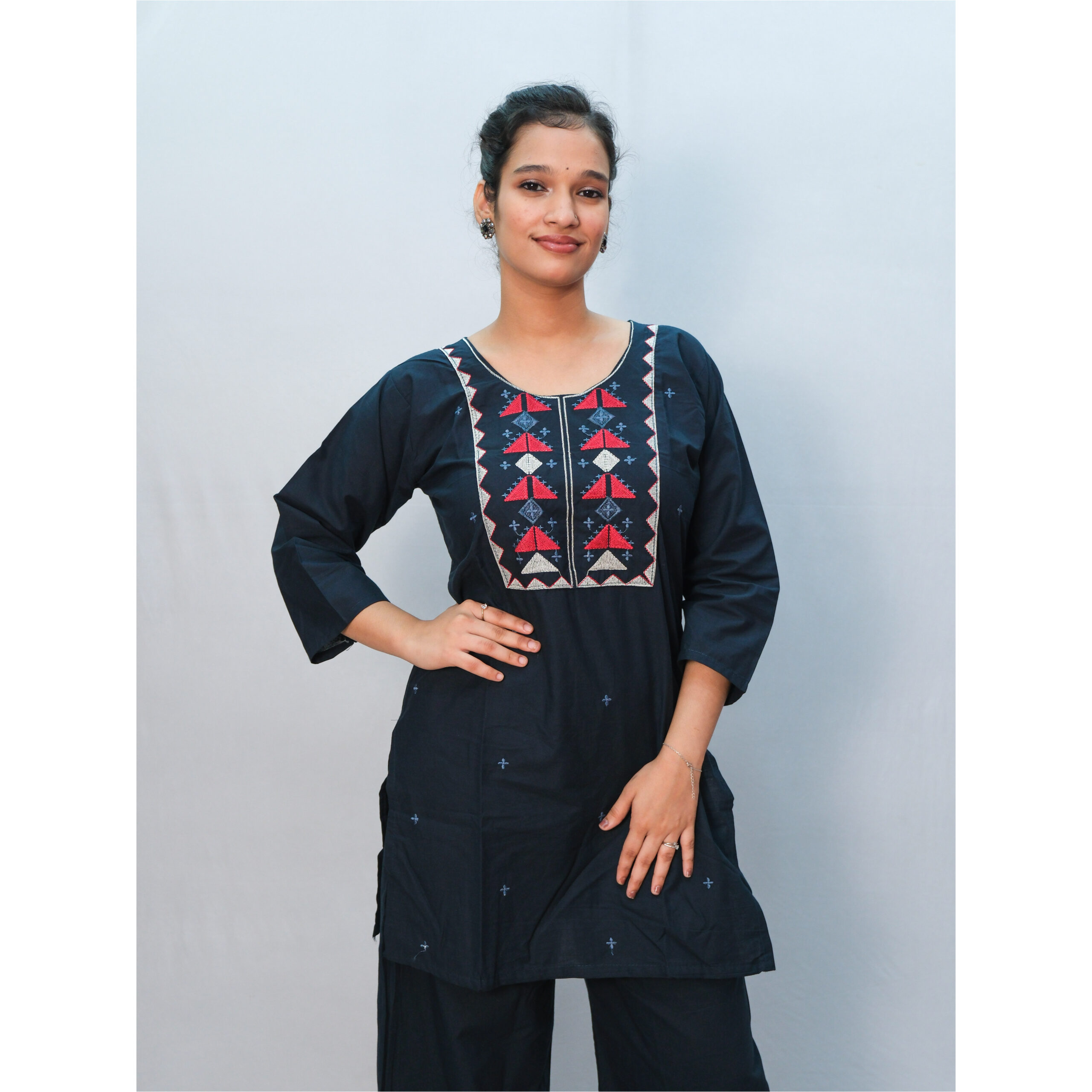 Dark Blue Collar Neck Cotton Printed Co-Ord Set - Image 2