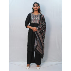 Navy Blue Dhabu Cotton Kalamkari Print Three-Piece Kurti Set