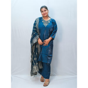 Dark Purple Dhabu Cotton Mirror Embroidery Three-Piece Kurti Set