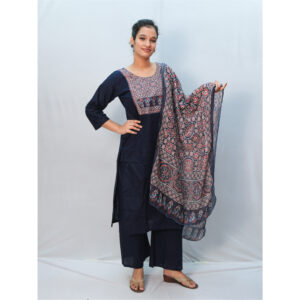 Navy Blue Dhabu Cotton Kalamkari Print Three-Piece Kurti Set