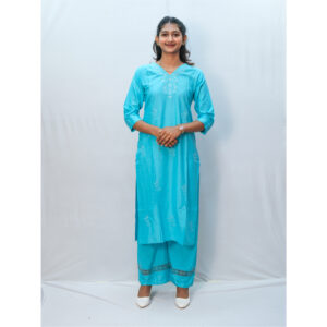 Aqua Blue Lucknowi Cotton Three-Piece Co-Ord Set