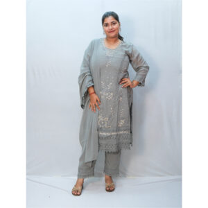 Grey Aari Work Party-Wear Three-Piece Kurti Set