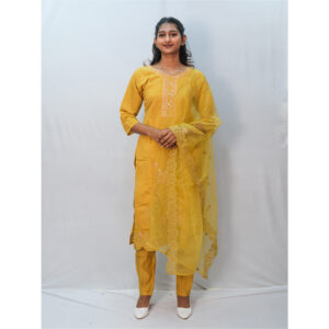 Classic Yellow Pink Beige Embroidery Three-Piece Kurti Set