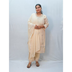 Beige Aari Work with Lace Three-Piece Kurti Set