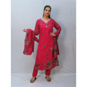 Rani Pink & Blue Floral Print Three-Piece Kurti Set