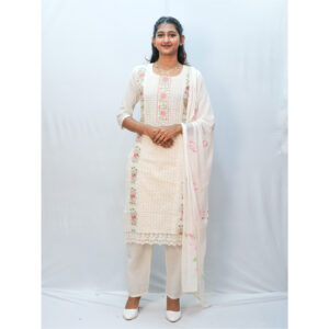Off-White Hakoba & Floral Embroidery Three-Piece Kurti Set