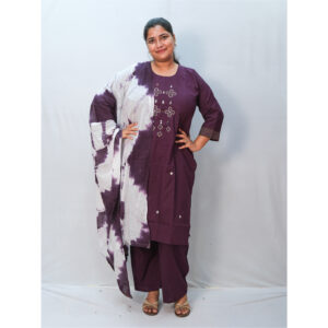 Dark Purple Dhabu Cotton Mirror Embroidery Three-Piece Kurti Set
