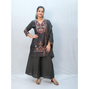Dark Grey V-Neck Silk Multi-Embroidery Sequin Work Three-Piece Kurti Set
