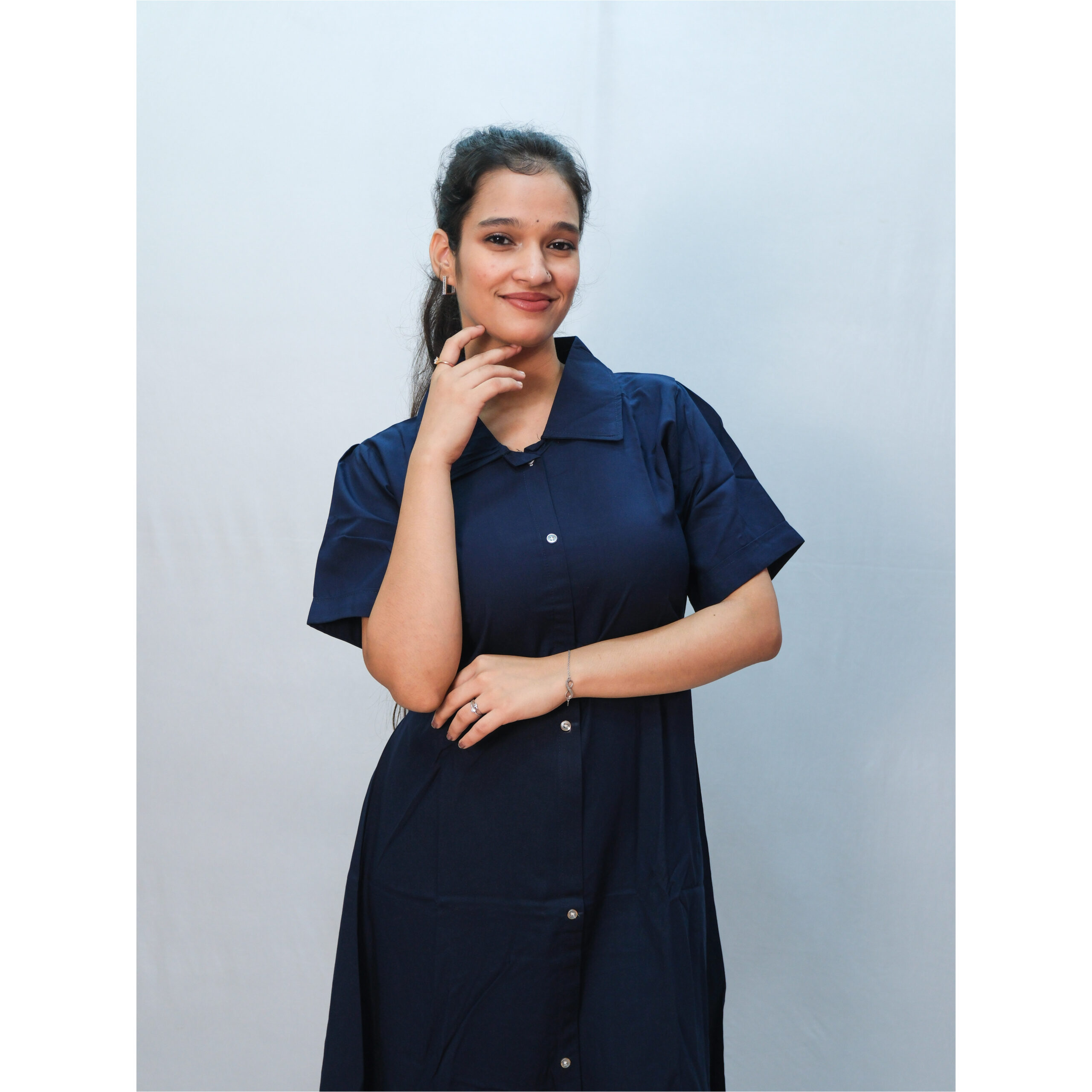 Navy Blue Collar Neck A-Line One-Piece Kurti - Image 2