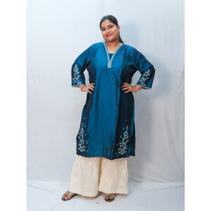 Classic Blue Beige Embroidery V-Neck Long Kurti
