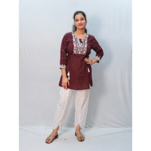 Wine Cotton Lucknow Tulip Top with Side Knot