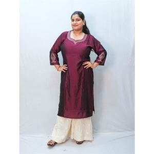 Wine Pink Beige Embroidery Long Kurti