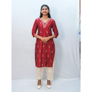 Maroon Gold Embroidery V-Neck Kurti