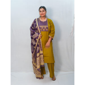 Olive Green Three-Piece Kurti Set with Purple Printed Dupatta