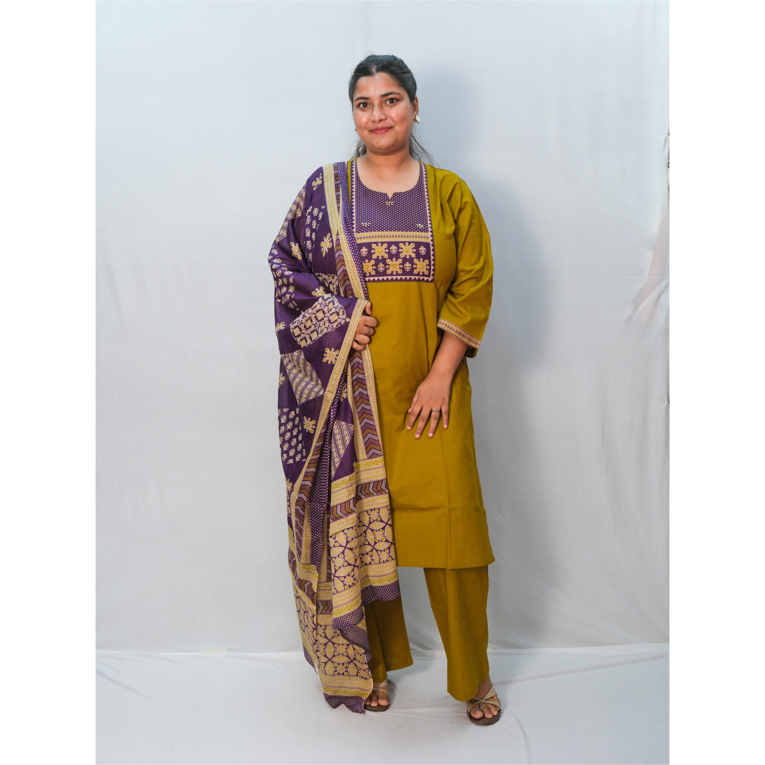 Olive Green Three-Piece Kurti Set with Purple Printed Dupatta