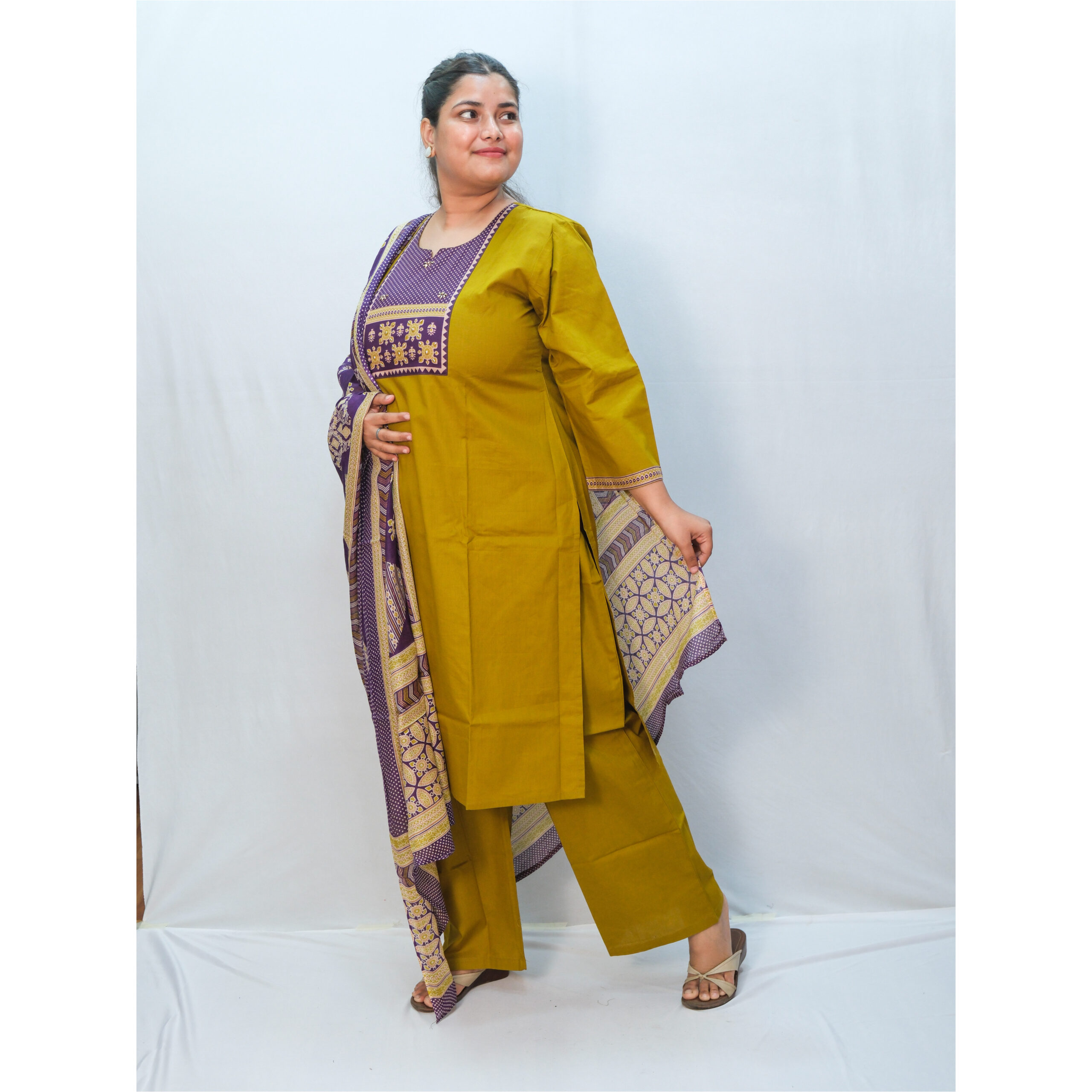 Olive Green Three-Piece Kurti Set with Purple Printed Dupatta - Image 3