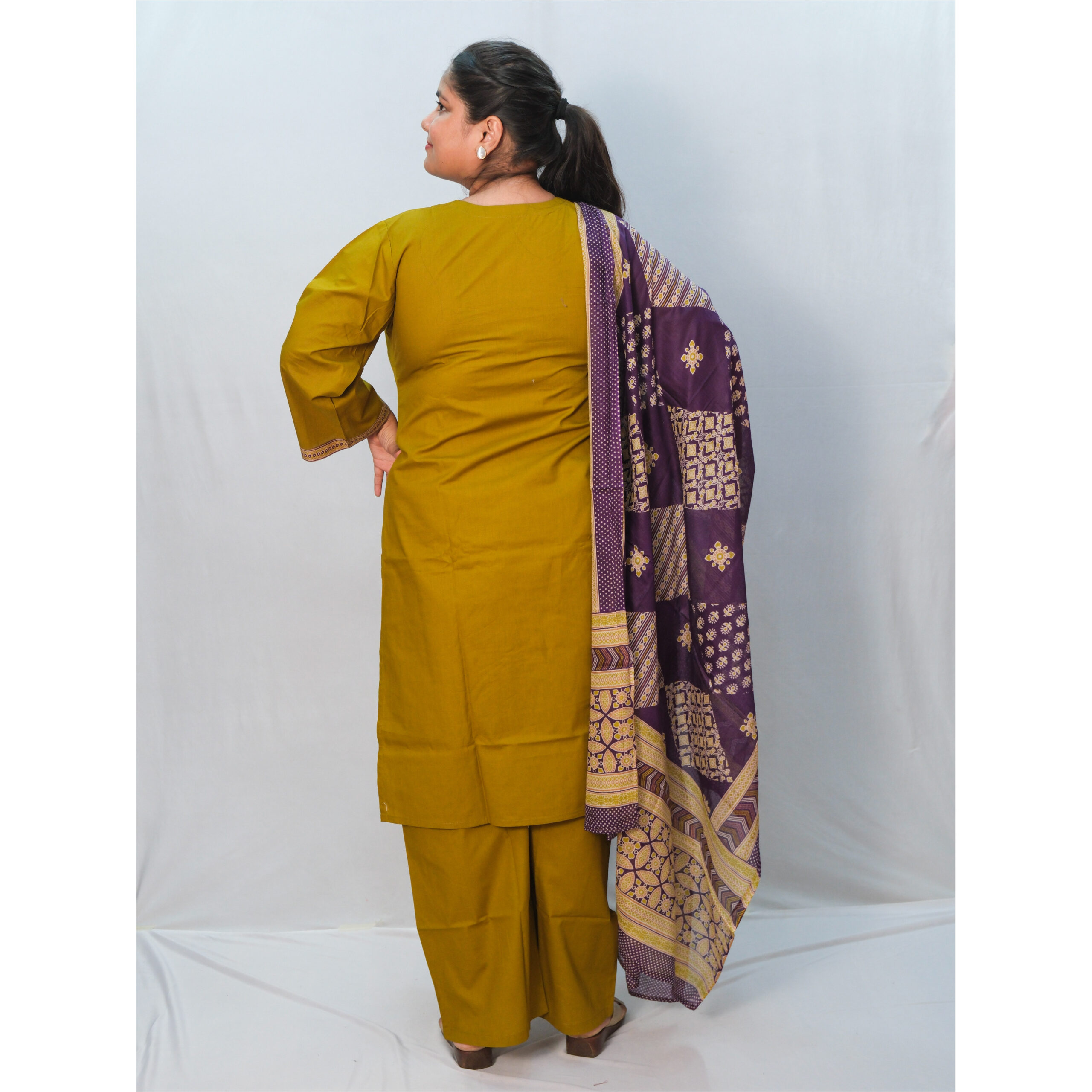 Olive Green Three-Piece Kurti Set with Purple Printed Dupatta - Image 4