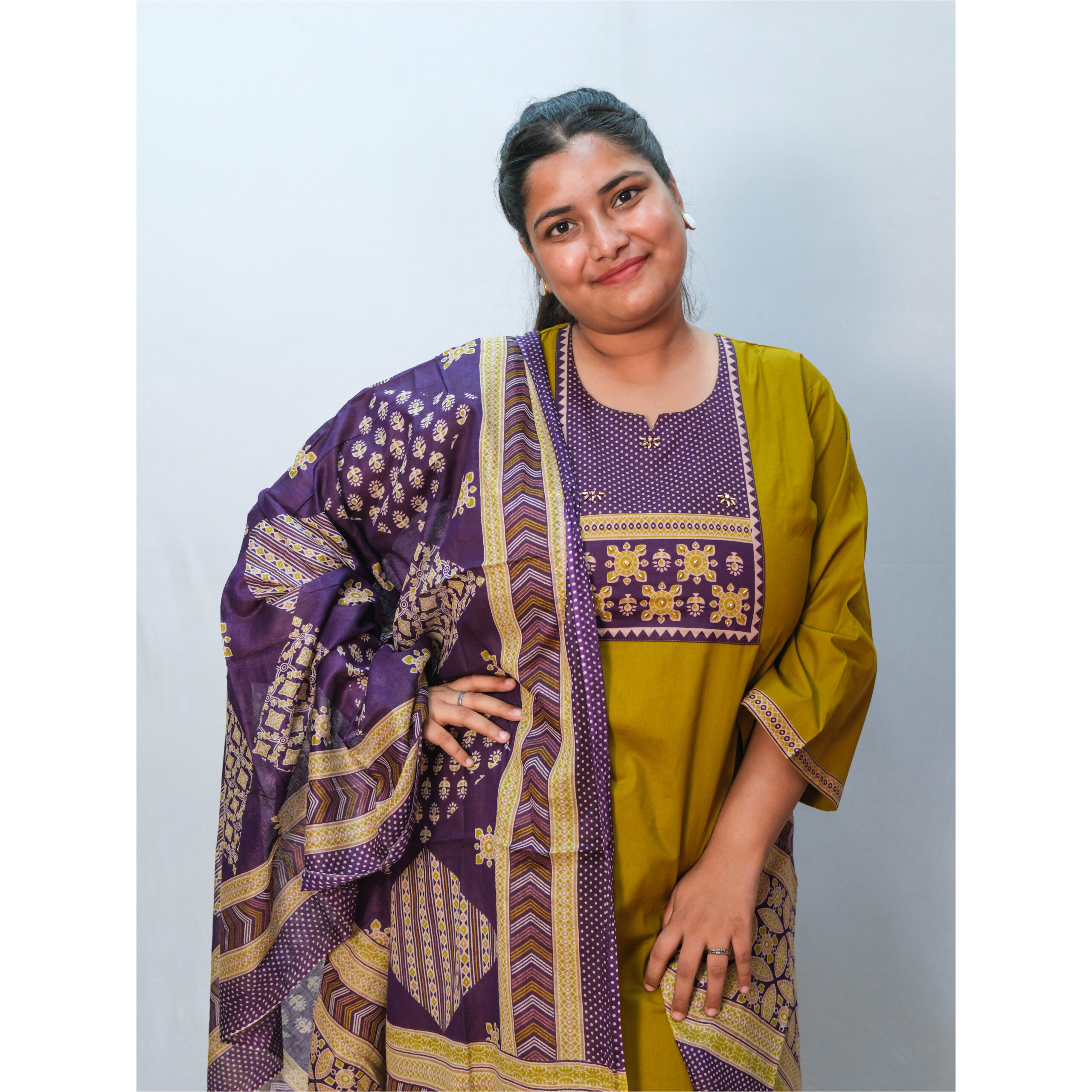 Olive Green Three-Piece Kurti Set with Purple Printed Dupatta - Image 2