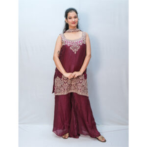 Wine Sleeveless Mirror Work & Thread Embroidery Sharara Set