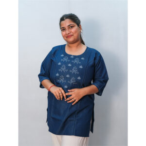 Blue Denim Short Kurti with White Thread Embroidery