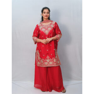 Red & Beige Thread Embroidery Sharara Set