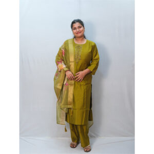 Olive Green Floral Print Kurti Set with Bead Work Dupatta