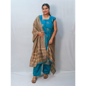 Aqua Blue & Brown Embroidery Kurti Set