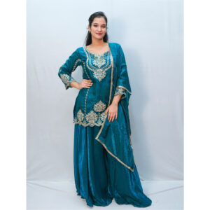 Teal Green & Beige Embroidery Sharara Set