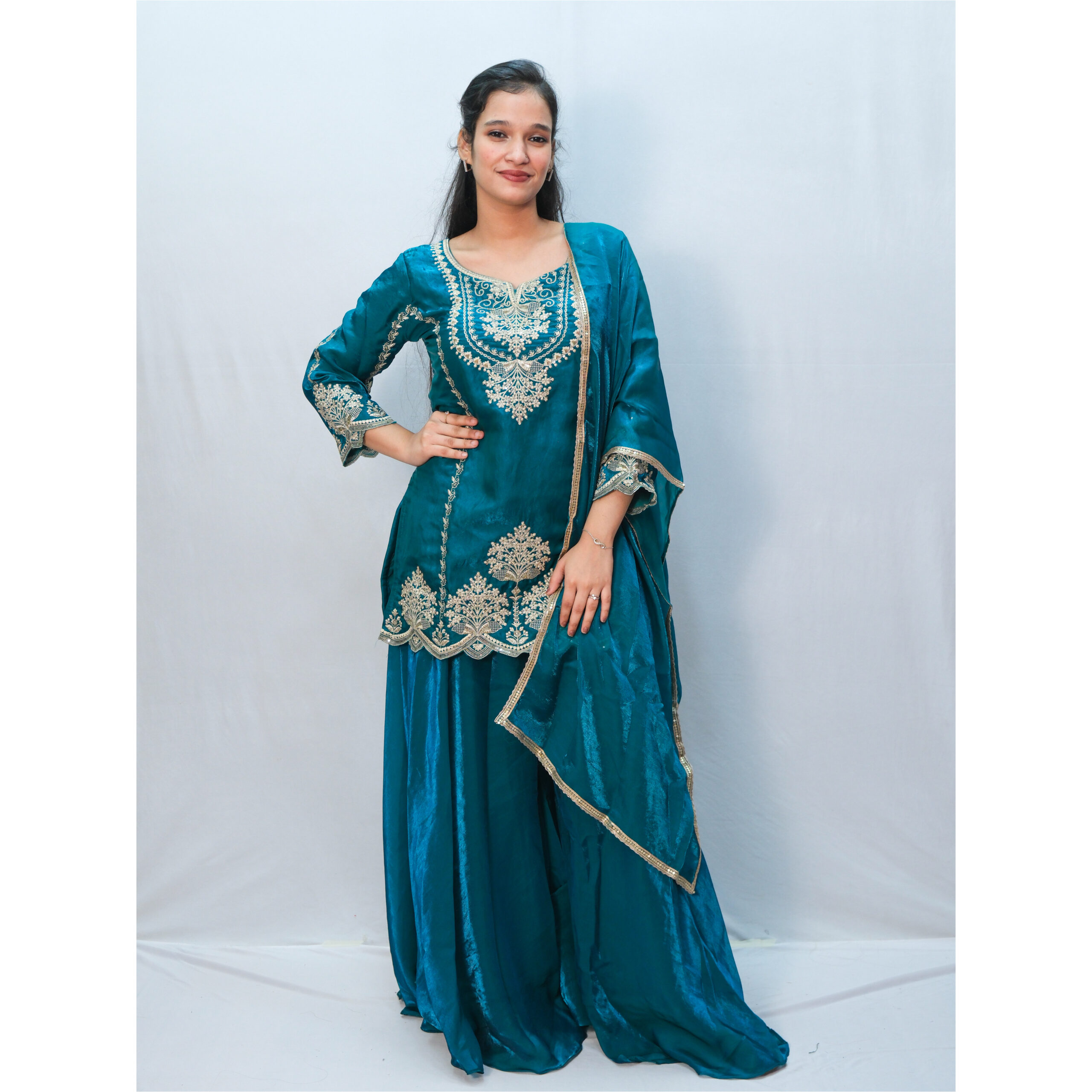 Teal Green & Beige Embroidery Sharara Set