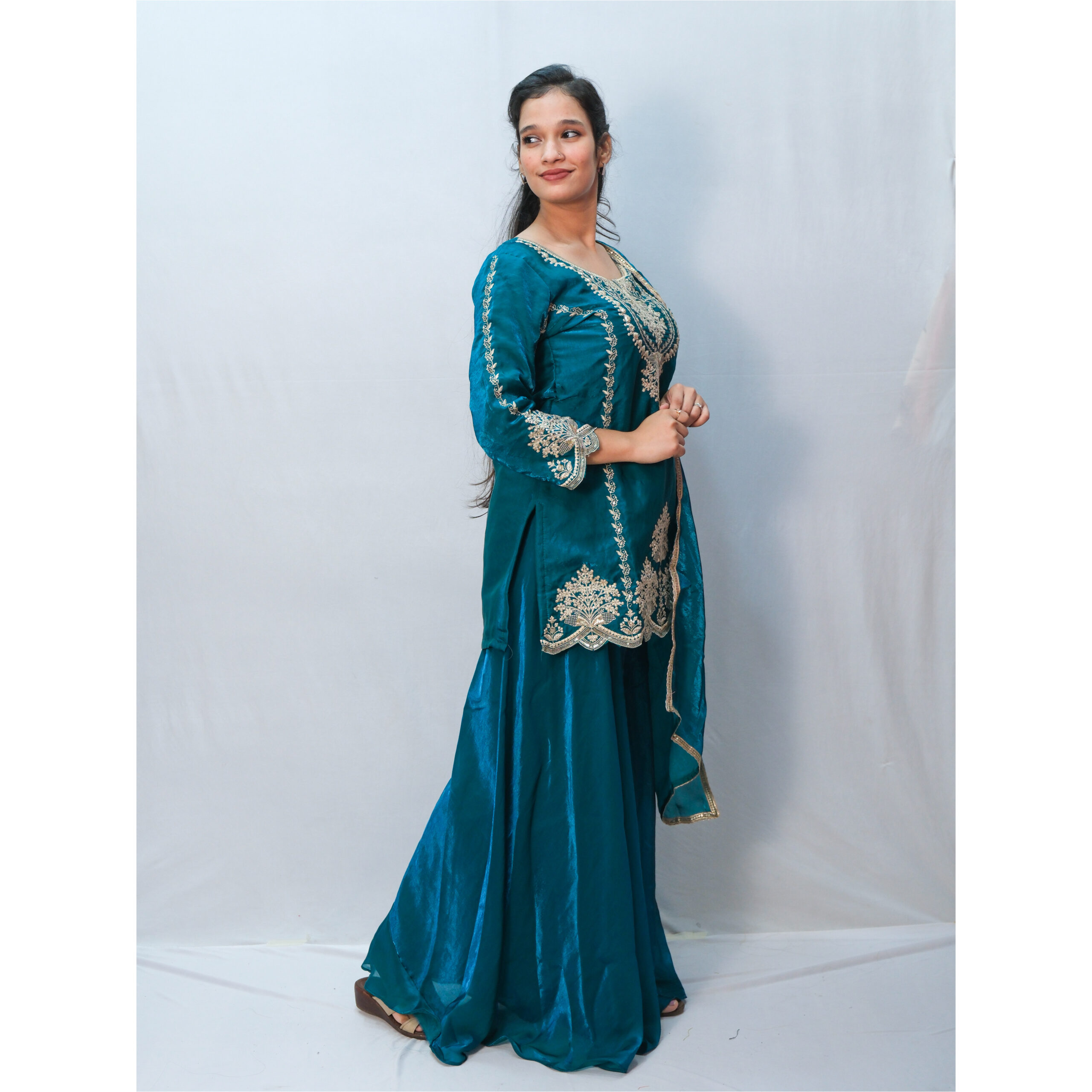 Teal Green & Beige Embroidery Sharara Set - Image 3