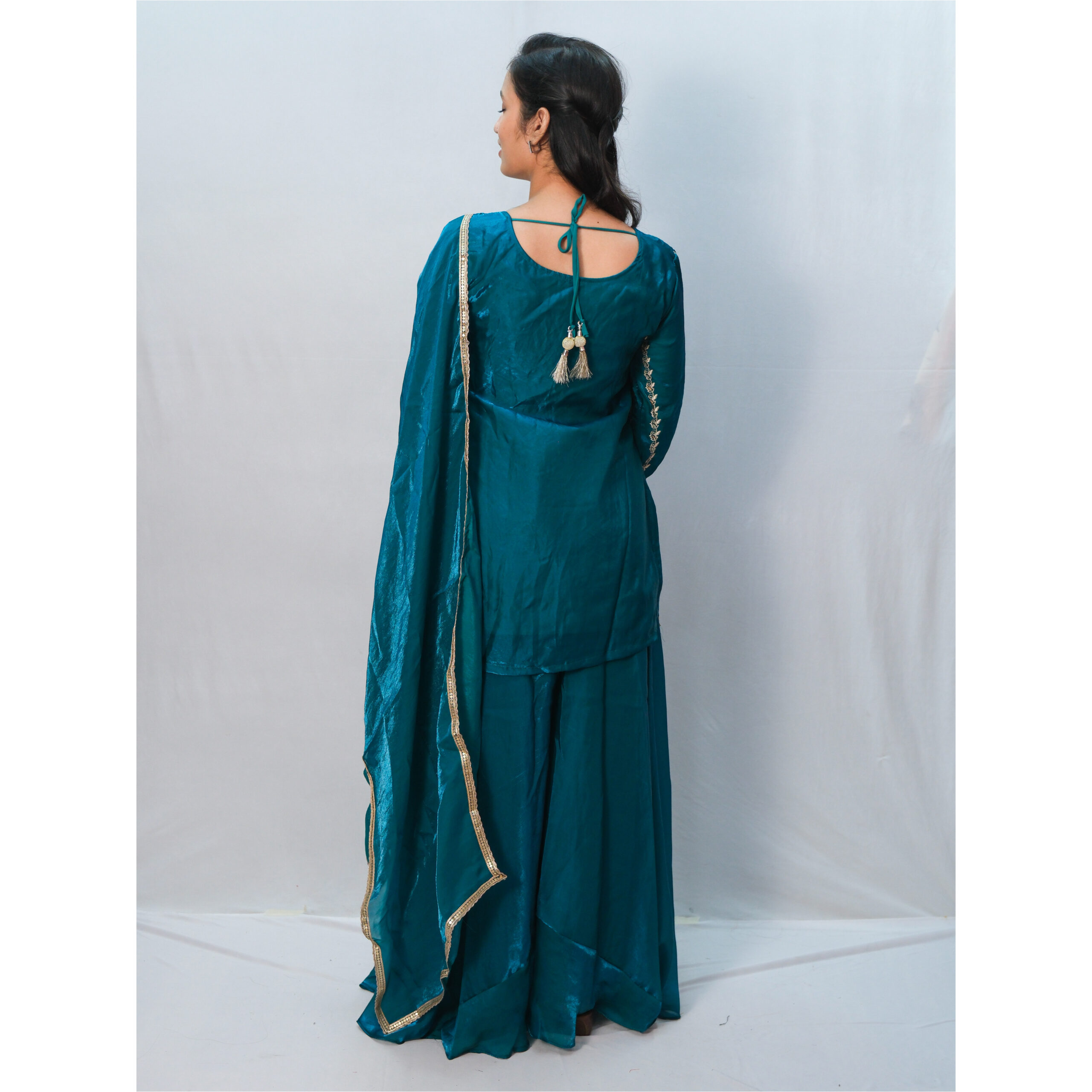 Teal Green & Beige Embroidery Sharara Set - Image 4