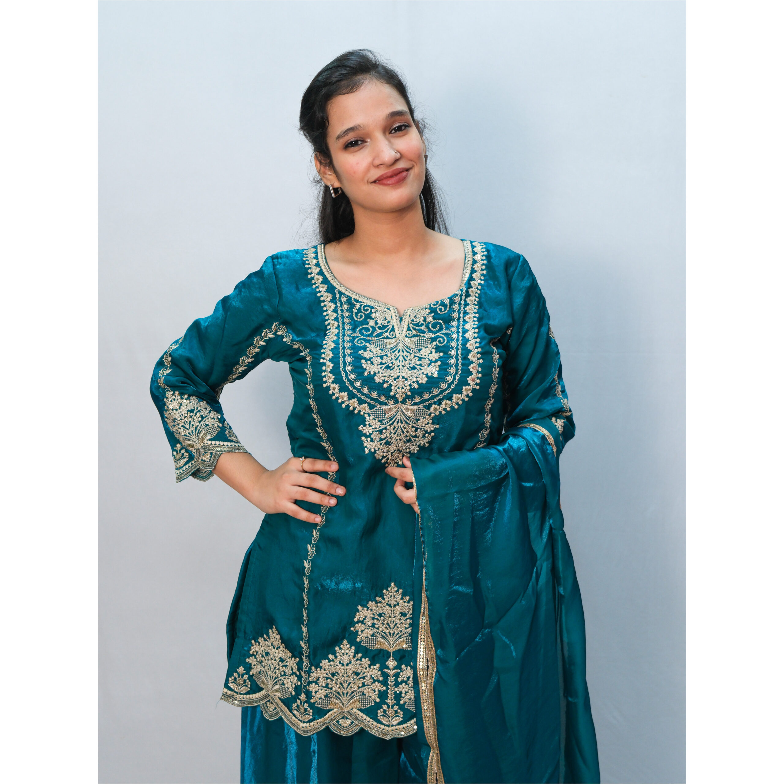 Teal Green & Beige Embroidery Sharara Set - Image 2