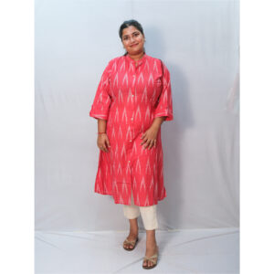 Pink & White Printed Chinese Collar A-Line Long Kurti
